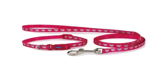 Small Bite Collar & Lead Set Reflective Heart Pink