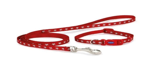 Small Bite Collar & Lead Set Reflective Star Red